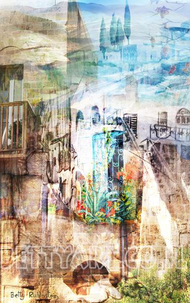 Israeli landscape, painting of Jerusalem landscape, mood painring on canvas, for home design, mixed media, digital media 